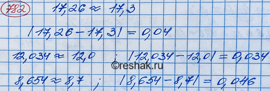 Изображение 782. Округлите числа 17,26; 12,034; 8,654 до десятых и найдите абсолютную погрешность каждого из приближённых...