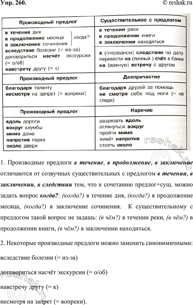 Изображение 260 Рассмотрите таблицу. Расскажите о различиях между производными предлогами и самостоятельными частями речи.Производный предлогв течение дня в продолжение месяца...