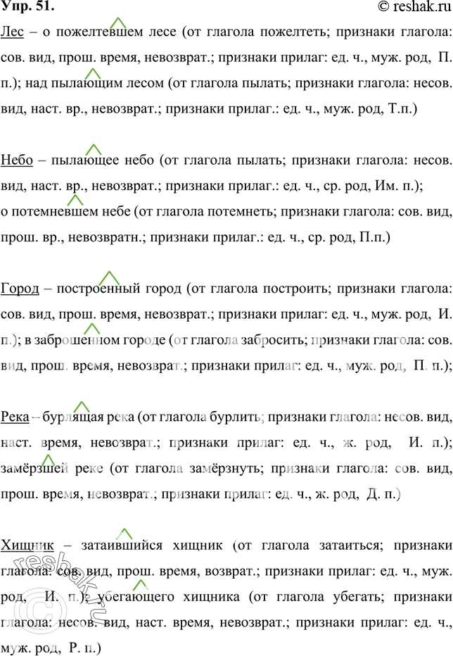 Изображение 51 Подберите к каждому существительному несколько подходящих по смыслу причастий.Лес, небо, город, река, хищник.Запишите полученные словосочетания, выделите в...